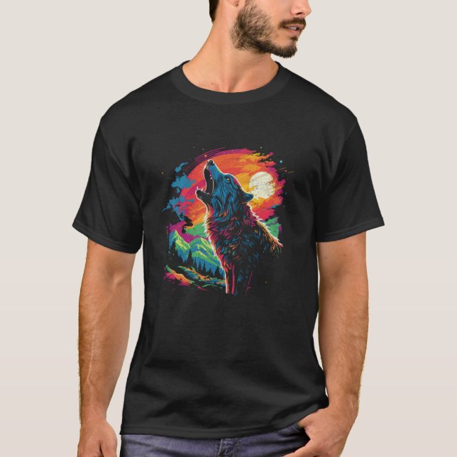 Camiseta Wolf Howling Na Lua Brilhante Homens Da Noite Colo (Frente)