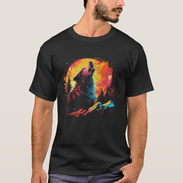 Camiseta Wolf Howling Na Lua Brilhante Homens Da Noite Colo (Frente)