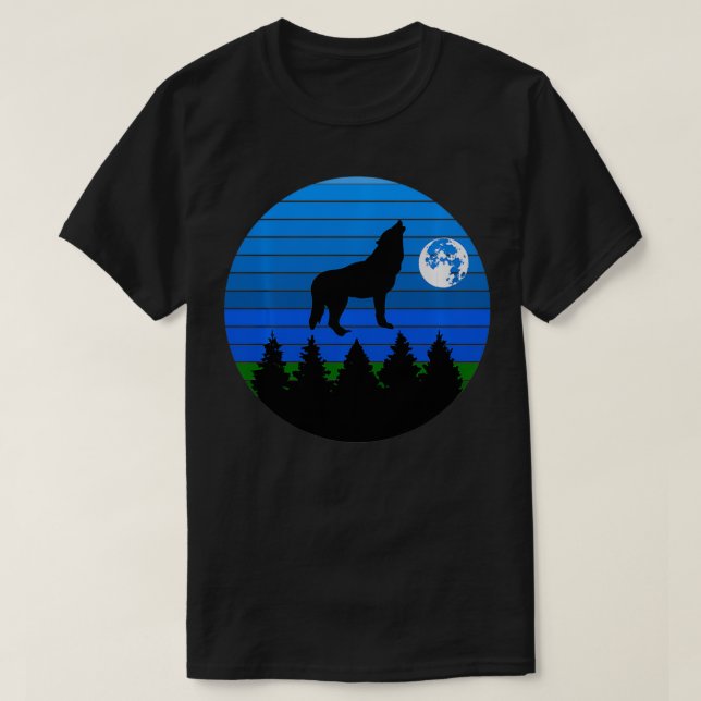 Camiseta Wolf Howling na Lua com árvores e fundo (Frente do Design)