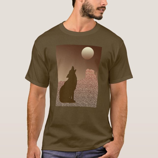 Camiseta Wolf Howling na Lua em Brown e Tan (Frente)