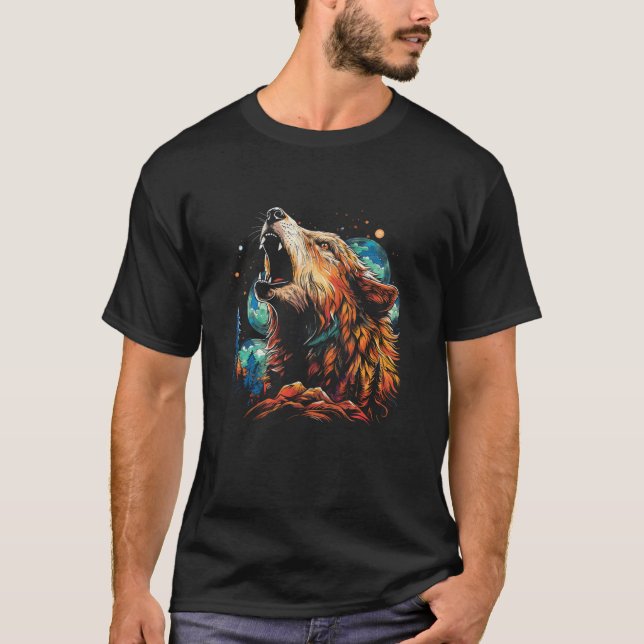 Camiseta Wolf Howling Na Vida Selvagem das Mulheres da Lua (Frente)