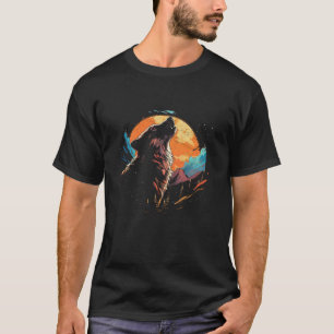 Camiseta Wolf Howling No Cartoon Moon Mens National Par