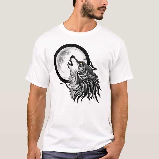 Camiseta Wolf Howling Sob Lua Completa - Arte Tribal (Frente)