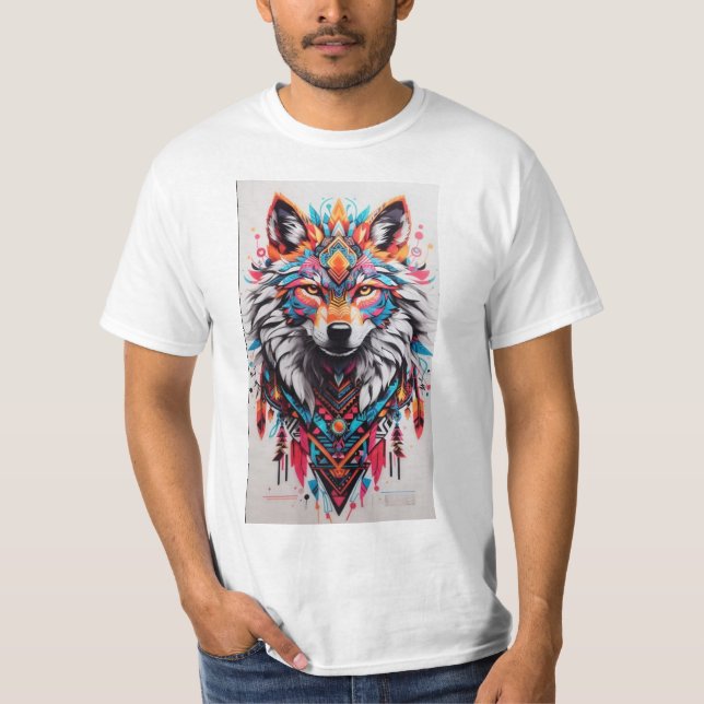 Camiseta Wolf Mandala T-Shirt Tribal - Vibrante e Único (Frente)