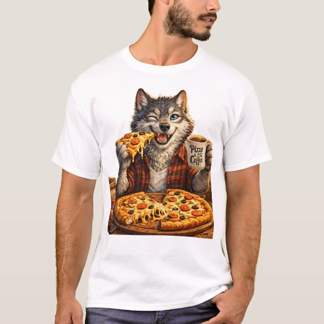 Camiseta Wolf Pizza Coffee Funny Vintage Cartoon (Frente)