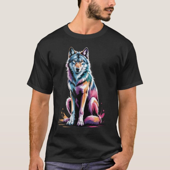 Camiseta Wolf Poster Style Paint Splatter Colorida (Frente)