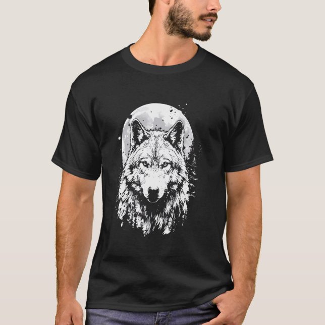 Camiseta Wolf retro design Moon Cinza Howling angustiado (Frente)