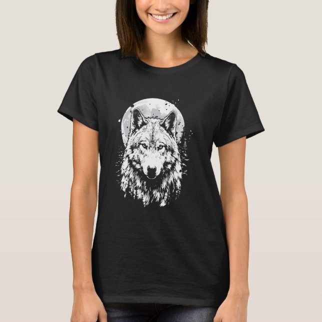 Camiseta Wolf retro design Moon Cinza Howling angustiado (Frente)