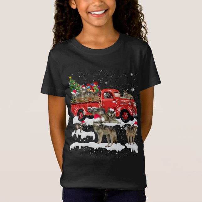 Camiseta Wolf Riding Red Truck Felry Natal X mas Ugly G (Frente)