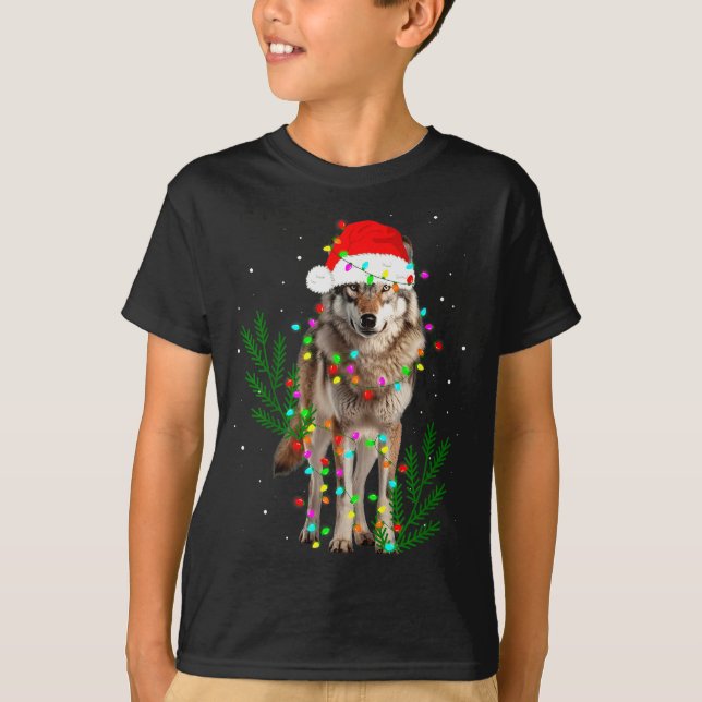 Camiseta Wolf Santa Hat Christmas Lights Wolf Lover Animal  (Frente)