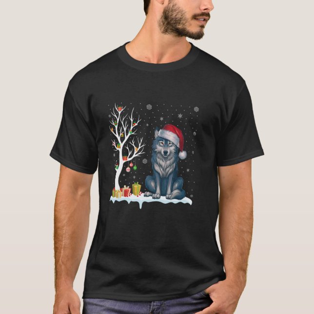Camiseta Wolf Santa Hat Festivo Árvore Festiva natal claro  (Frente)