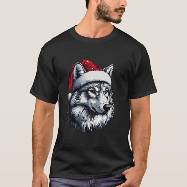 Camiseta Wolf Santa Hat Funny Xmas Wolf Amava Natal Pa (Frente)