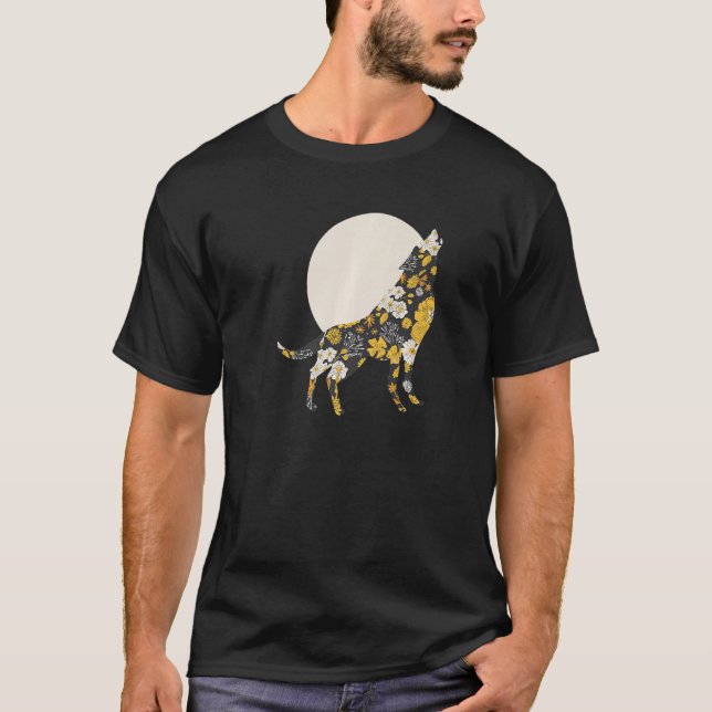 Camiseta Wolf Silhouette Flower Pattern Amigos de Cachorro (Frente)