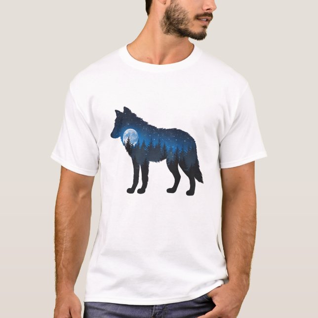 Camiseta Wolf Silhouette Moonlit e Starry em dupla exposiçã (Frente)