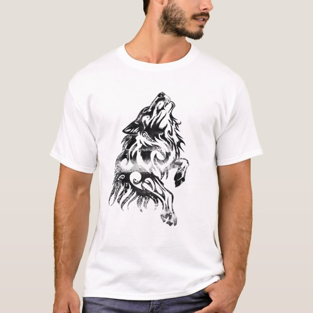 Camiseta Wolf Tribal Tattoo Wolf Head Animal Design Wild Na (Frente)