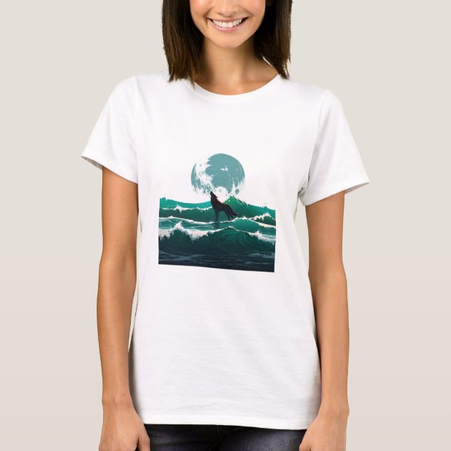 Camiseta Wolf Wave Art - Ukiyo-e Moonlight Design (Frente)