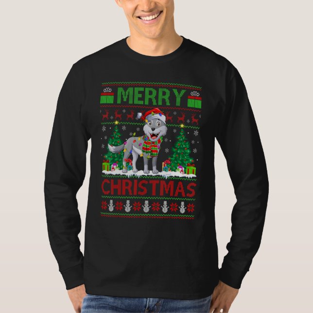 Camiseta Wolf   Xmas Tree Lights Ugly Santa Wolf Christmas (Frente)