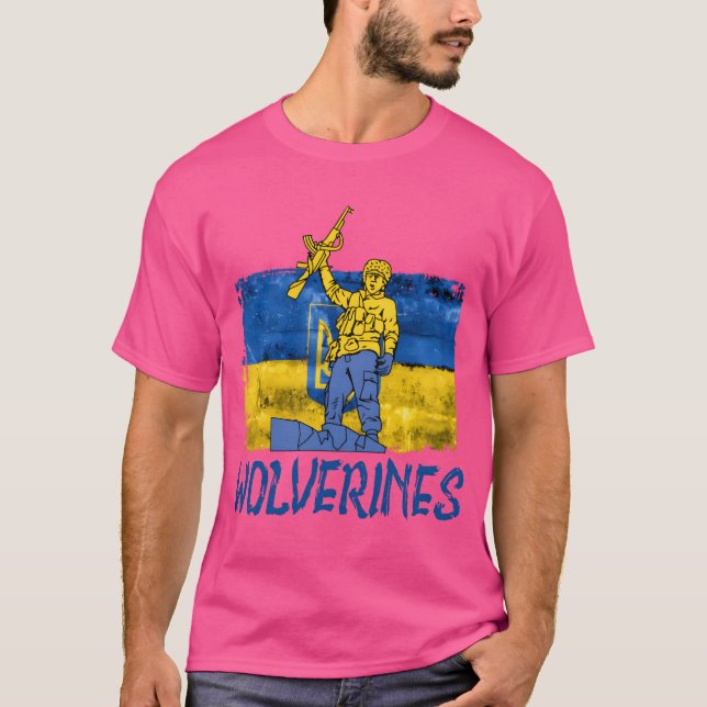 Camiseta Wolverines Apoiam a Ucrânia Ucrânia Wolverines ret (Frente)