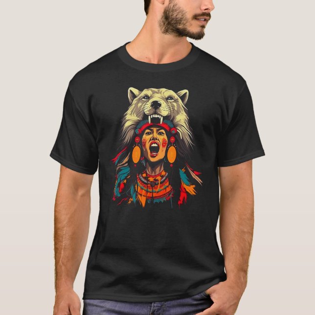 Camiseta Woman Wolf Head Native American Connection to Natu (Frente)