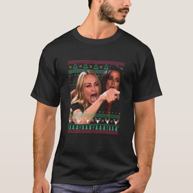 Camiseta Woman Yelling At A Cat Ugly Christmas Sweater Meme (Frente)