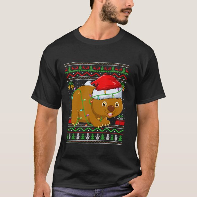 Camiseta Wombat Christmas Lights Papais noeis Ugly Sweater  (Frente)