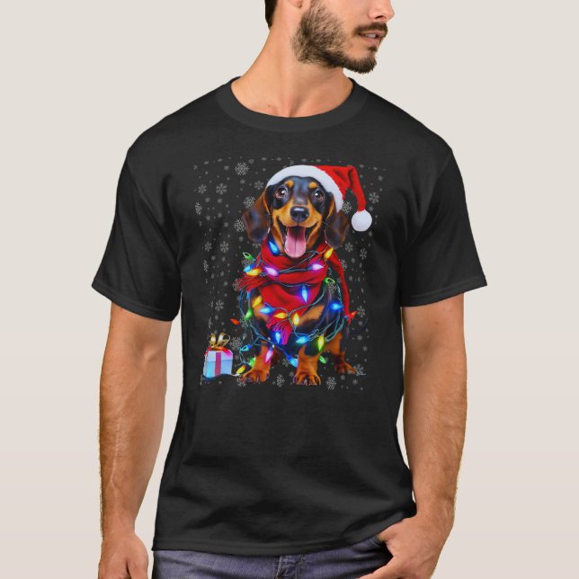 Camiseta Women Christmas Dachshund Dog Santa Light ugly xma (Frente)
