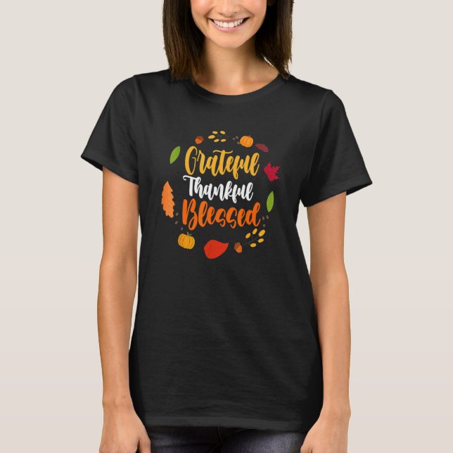 Camiseta Women Grateful Thankful Blessed  Casual Thanksgivi (Frente)