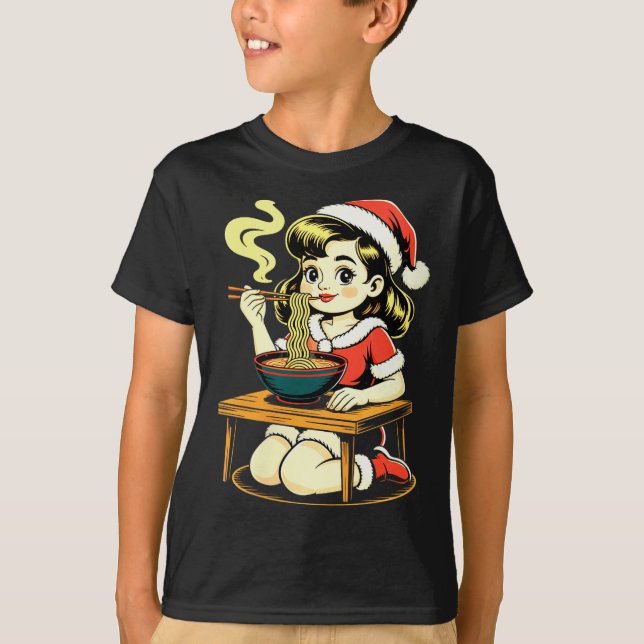 Camiseta Womens Anime Ramen Xmas Kawaii Santa Girl Eating J (Frente)