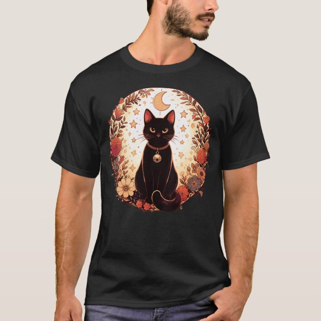 Camiseta Womens Autumn Flowers Magical Black Cat Autumn Hal (Frente)