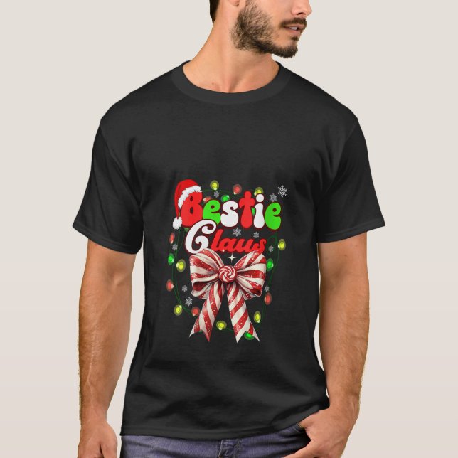 Camiseta Womens Bestie Claus Coquette Bow Candy Cane Santa  (Frente)
