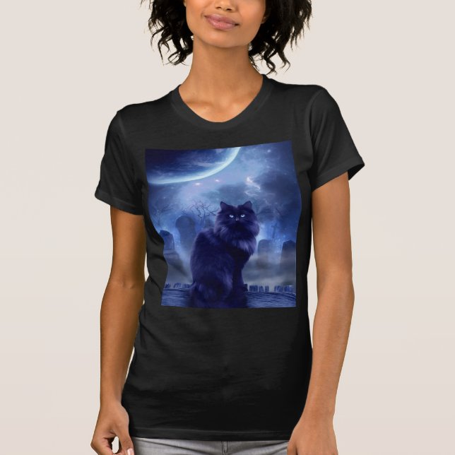 Camiseta women's black cat and moon t-shirt (Frente)
