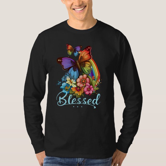 Camiseta Womens Blessed Christian Butterfly Pretty Floral R (Frente)