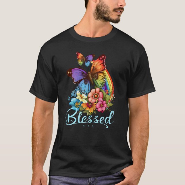 Camiseta Womens Blessed Christian Butterfly Pretty Floral R (Frente)