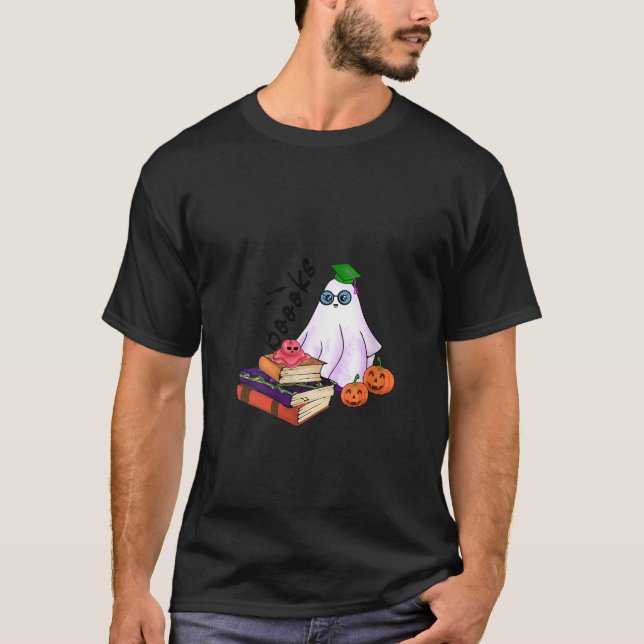 Camiseta Womens Books Fantasma Pumpkin Halloween Professor  (Frente)