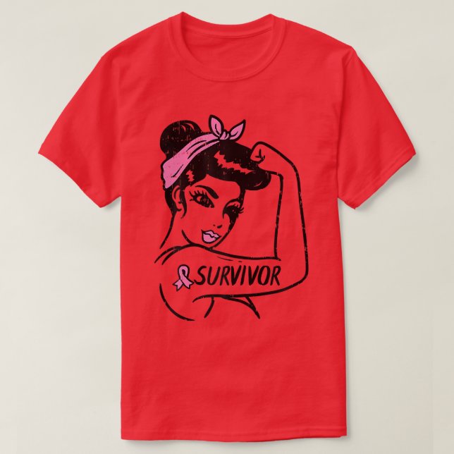 Camiseta Womens Breast Cancer Survivor Rosie Riveter Pink A (Frente do Design)