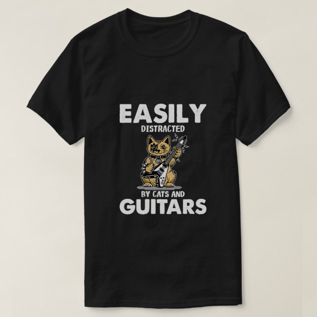 Camiseta Womens Cat Tocando Violão | Facilmente distraído p (Frente do Design)