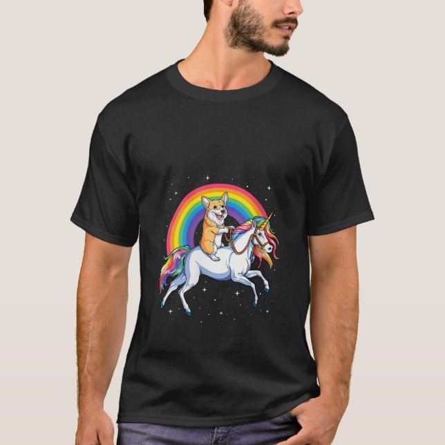 Camiseta Womens Corgi Riding Unicorn Girls Kids Rainbow Gif (Frente)