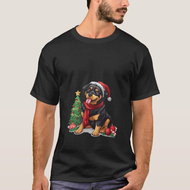 Camiseta Womens Cute Christmas Rottweiler Dog Santa Hat Pup (Frente)