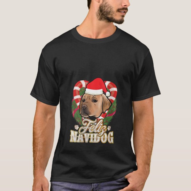 Camiseta Womens Feliz Navidog Labrador With Santa Claus Hat (Frente)