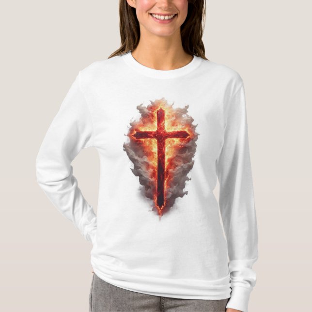 Camiseta Women's Flaming Christian Cross Long Sleeve Tee (Frente)