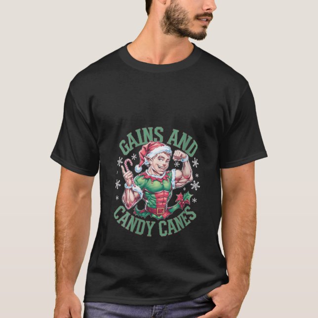 Camiseta Womens Funny Christmas Elf Gym Workout Gains and C (Frente)