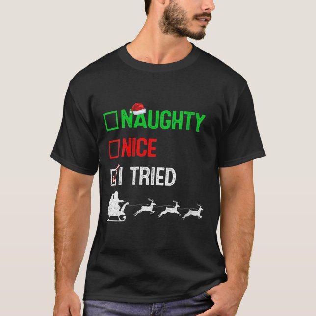 Camiseta Womens Funny Nice Naughty I Tried Ugly Christmas S (Frente)