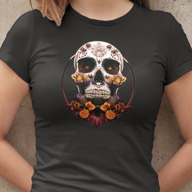 Camiseta Womens Golden Marigold Sugar Skull Mexican Skull (Criador carregado)