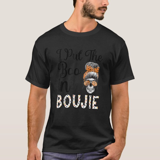 Camiseta Womens Halloween women Messy Bun I Put The Boo in  (Frente)