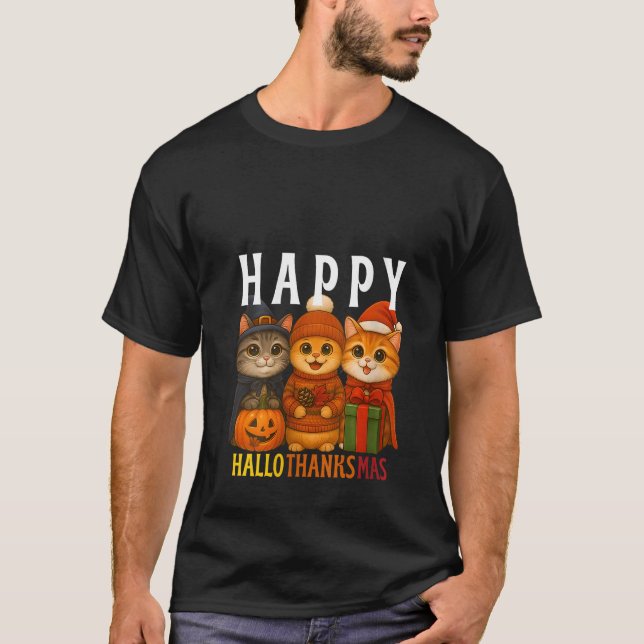 Camiseta Womens Happy Hallothanksmas Cats Halloween Thanksg (Frente)