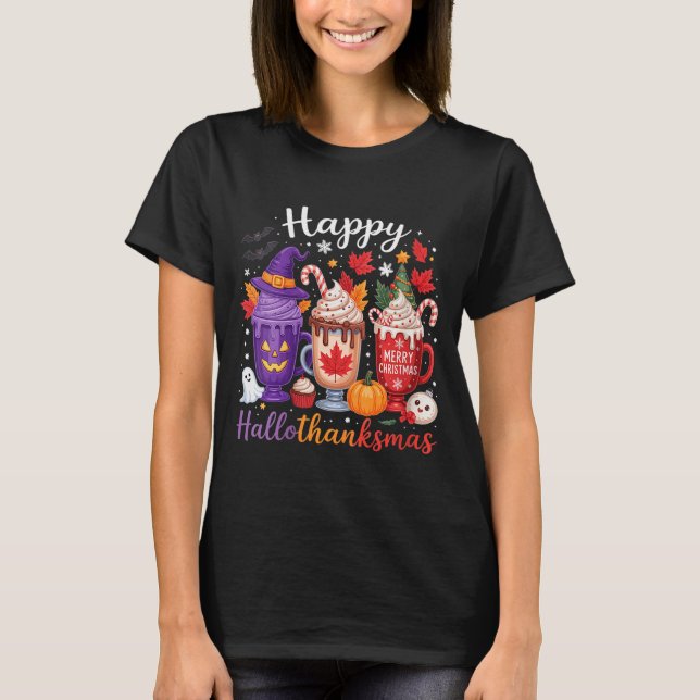 Camiseta Womens Happy Hallothanksmas Coffee Lover Halloween (Frente)