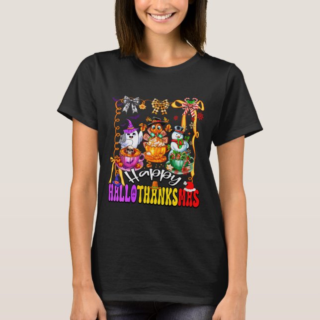 Camiseta Womens Happy Hallothanksmas Coquette Bow Coffee La (Frente)