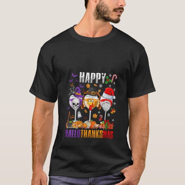 Camiseta Womens Happy Hallothanksmas Wine Halloween Thanksg (Frente)