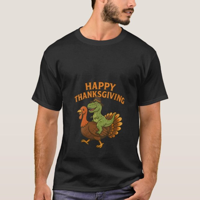 Camiseta Womens Happy Thanksgiving Dinosaur Turkey Pilgrim  (Frente)