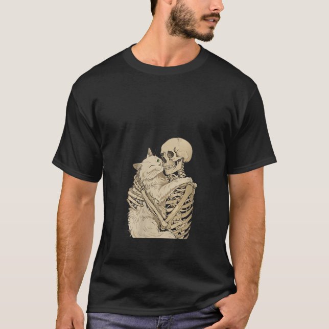 Camiseta Womens Kitten Pet Skeleton Hugging Cat Graphic Hal (Frente)